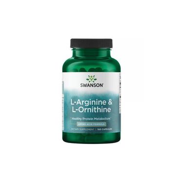 Swanson L-Arginine & L-Ornithine 100 Capsules dietary supplement in a green bottle, designed to support healthy protein metabolism and muscle regeneration.